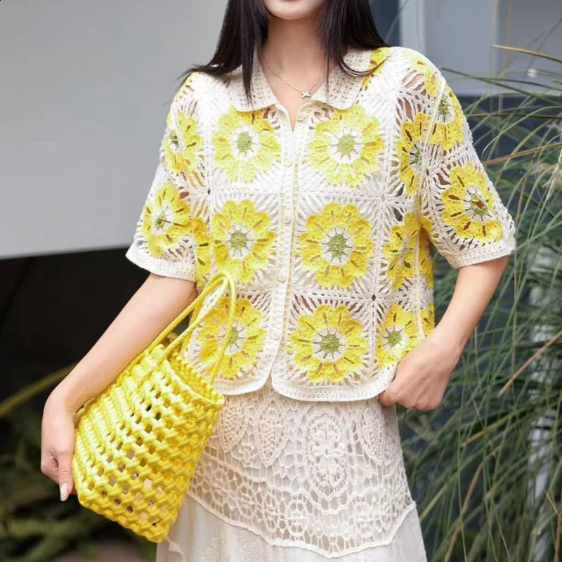 Granny Square Crochet Knit Polo Shirt Short Sleeve Poloneck Openknit Blouse Jacket Summer Top Bohemian Vacation Outfit 260711banjia