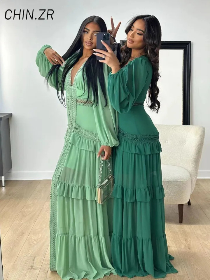 Vintage Embroidery Hollow Out Long Dress Women Ruffles V-neck Lantern Sleeve Slit Party Dresses Summer Lady A-line Robes 260711 - view 5