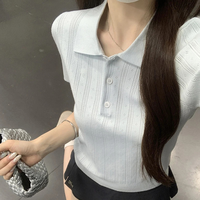 Solid Color Knitted Polo Shirts for Woman Summer Preppy Style Short Sleeve Tshirt Women Hollow Out Slim Fit Knit Tees Top 260711banjia - view 5