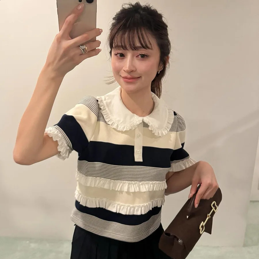 Sweet Stripe Short Sleeve TShirt Knitted Doll Collar Wooden Ear Splice Casual Style Polyester Fiber Business Scene 260711banjia