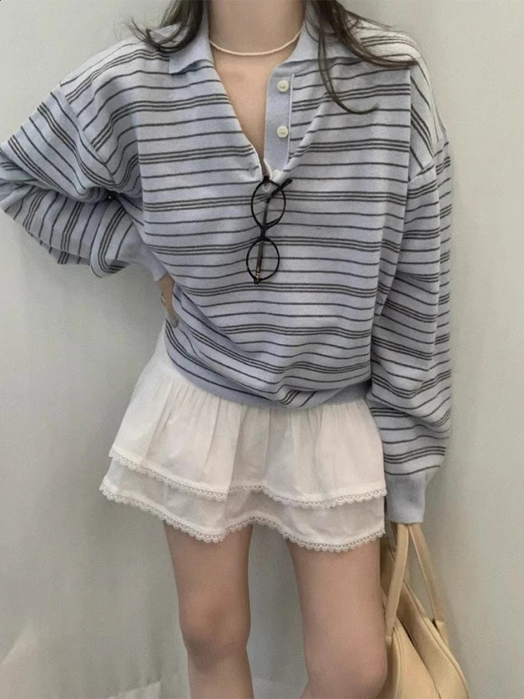 Sweet Style Striped Loose Long Sleeve Neck Knitted Sweater for Women Blue Milk Color Arrival Spring Season Casual Wear 260711banjia - view 6
