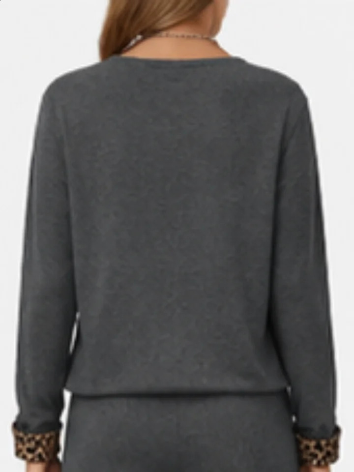 Dark Grey Leopard Trim Collar Cuff Faux Layer Knit Shirt Women V Neck Long Sleeve Soft Cotton Blend Office Casual Sweater 260711banjia