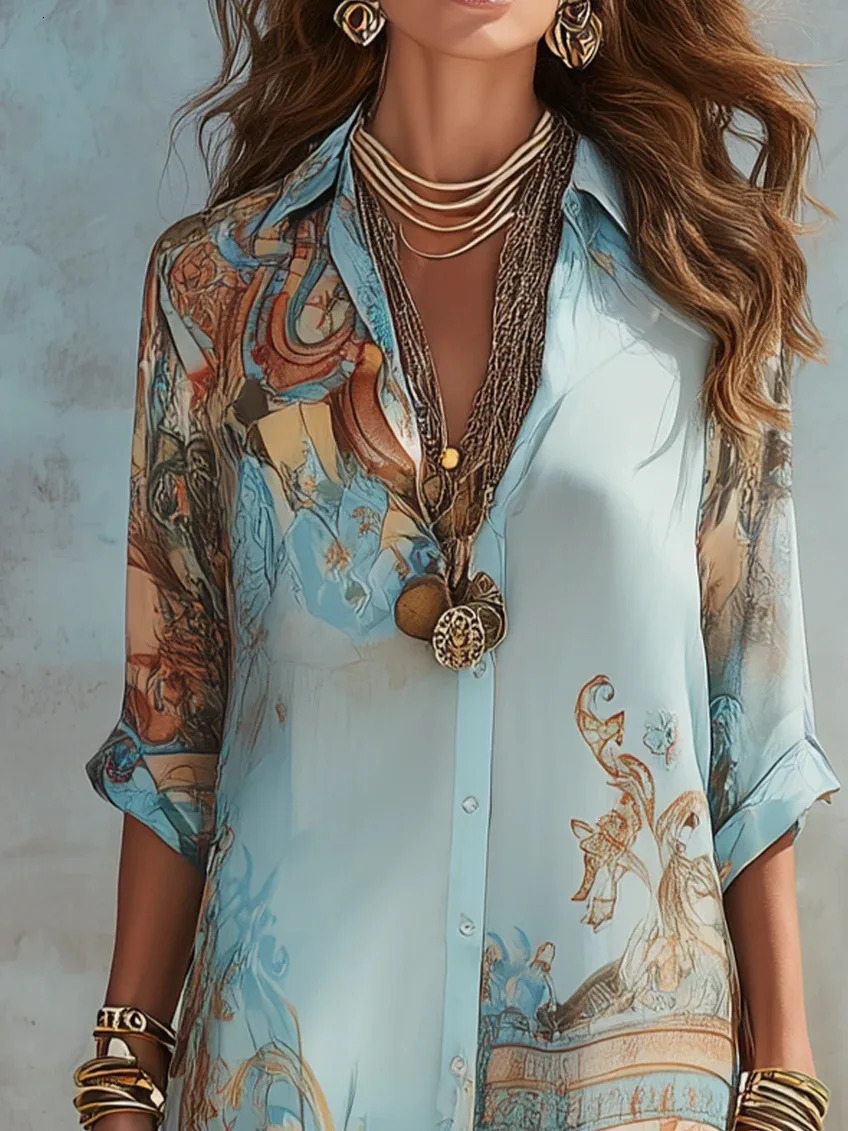 Elegant Shirt Dress for Women Chiffon Digital Print Turndown Collar Single-breasted Dresses Flowy Casual Boho Summer Clothing 260711BJ - view 5