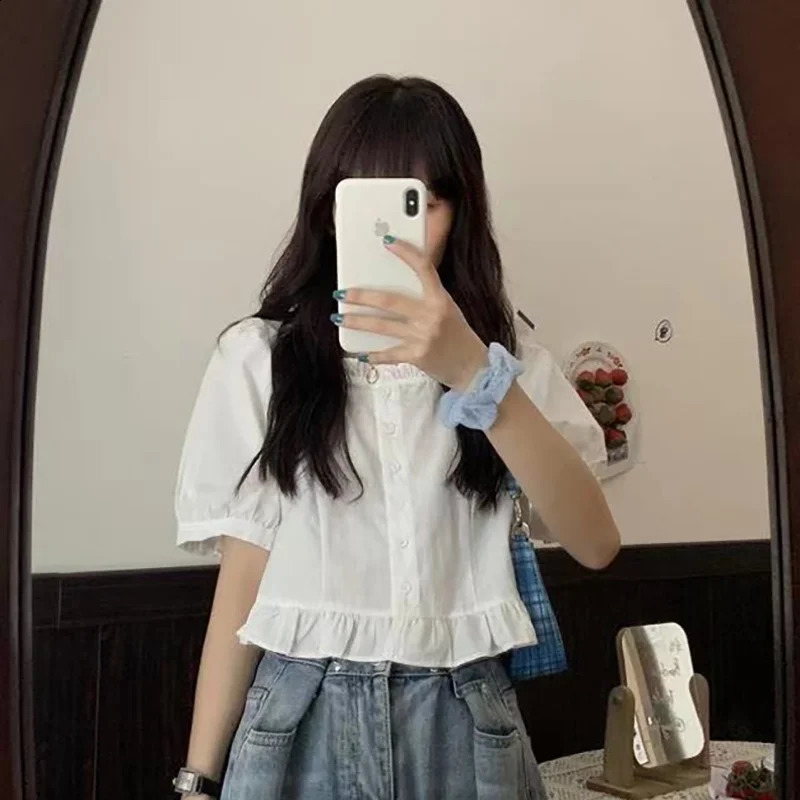 Korean Summer Ruffle Elegant Chiffon Cool Blouse Women Youthful Cute Cropped Tops Chic Short sleeve Feminine Shirt 260711banjia - view 7