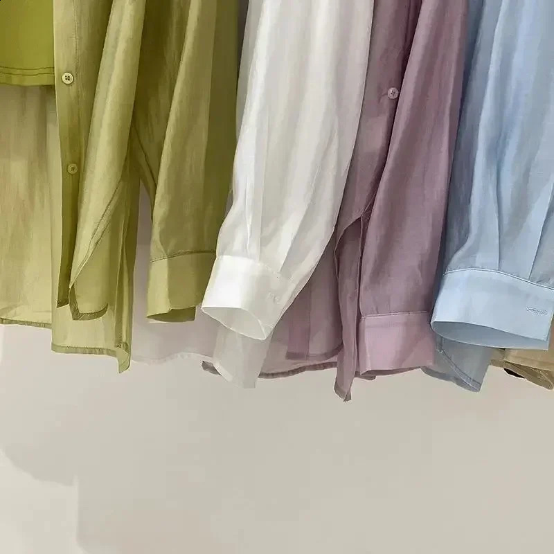 Mesh Shirts for Women Thin Summer Clothing Female Long Sleeve Loose Korean Style Sheer Soft Students College Turndown Collar 260711banjia