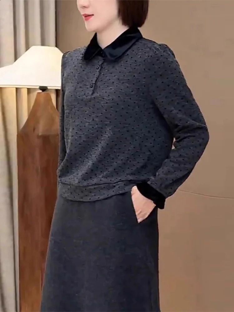 Deep Grey Collar Long Sleeve Knitted Sweater Polka Dot Trendy Large Size Top Fashionable French Style Loose Fit Knitwear 260711banjia