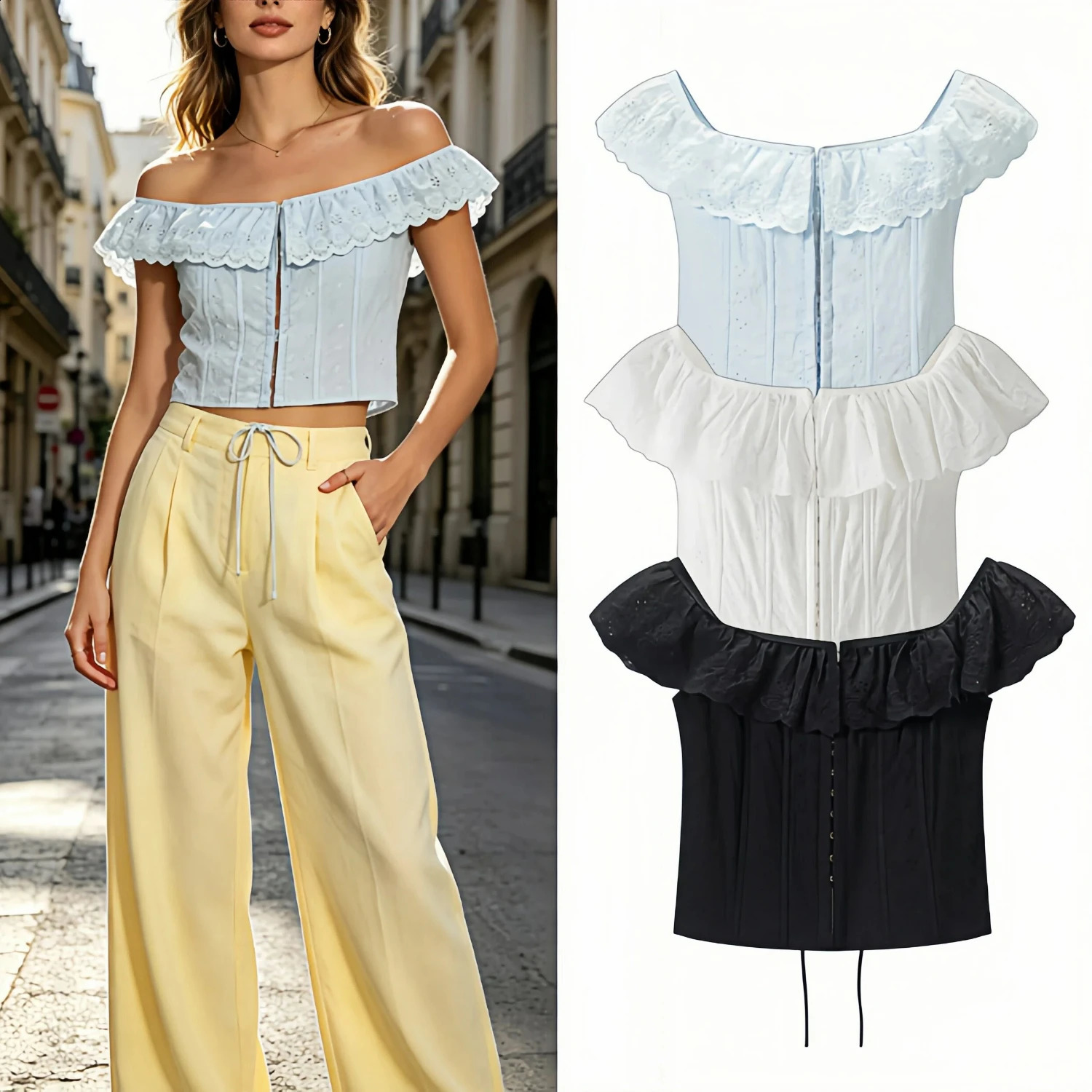 Fashion Embroidered Top for Women Square Neck Ruffle Sleeve Casual Blouse Summer Trendy Sexy Elegant 2026 260711banjia