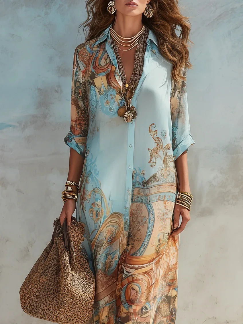 Elegant Shirt Dress for Women Chiffon Digital Print Turndown Collar Single-breasted Dresses Flowy Casual Boho Summer Clothing 260711BJ - view 6