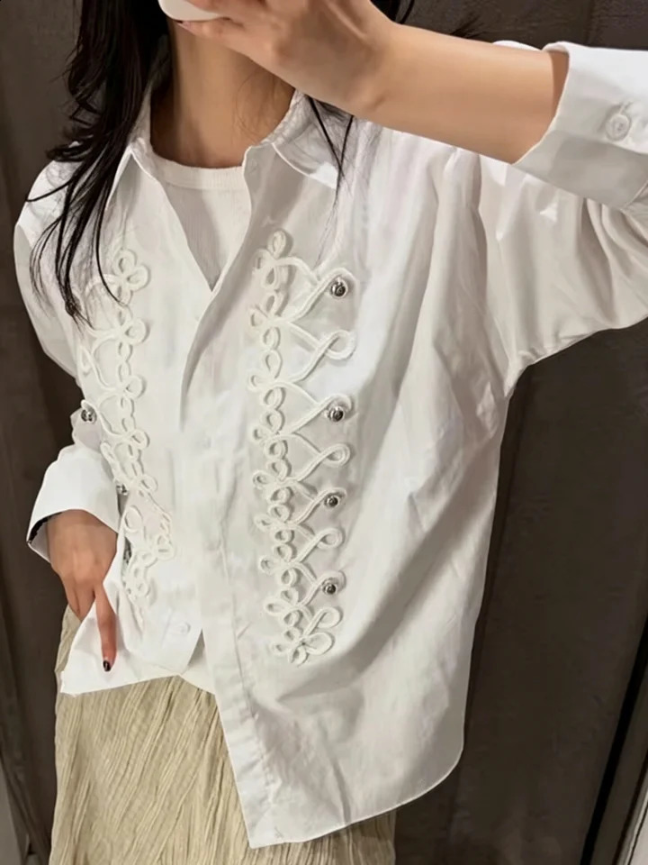 Autumn Knot Buckle Decoration White Shirt Causal Single Breasted Loose Full Sleeve Black Blouse Lady Chic Tops 260711banjia - view 3