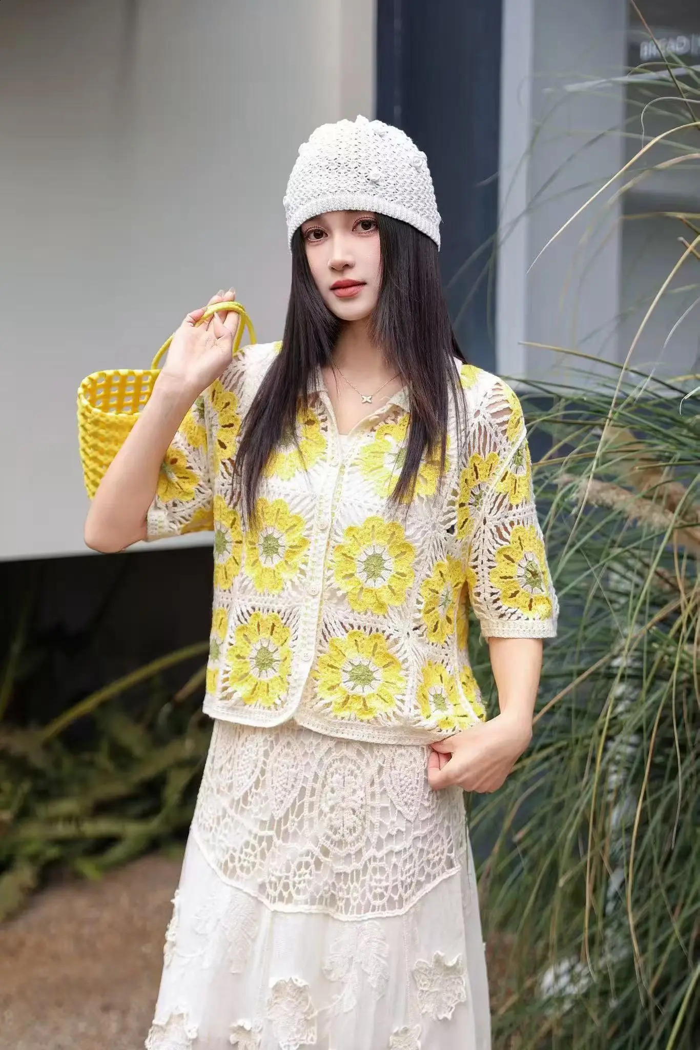 Granny Square Crochet Knit Polo Shirt Short Sleeve Poloneck Openknit Blouse Jacket Summer Top Bohemian Vacation Outfit 260711banjia