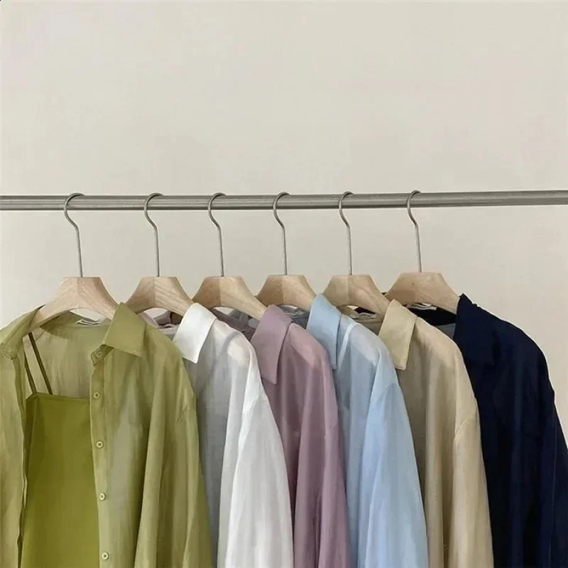 Mesh Shirts for Women Thin Summer Clothing Female Long Sleeve Loose Korean Style Sheer Soft Students College Turndown Collar 260711banjia