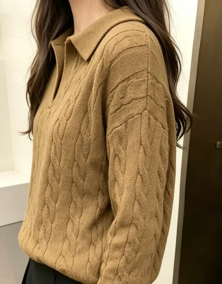 POLO collar loose top casual womens thick needle sweater with core spun yarn knit sweate 260711banjia - view 5