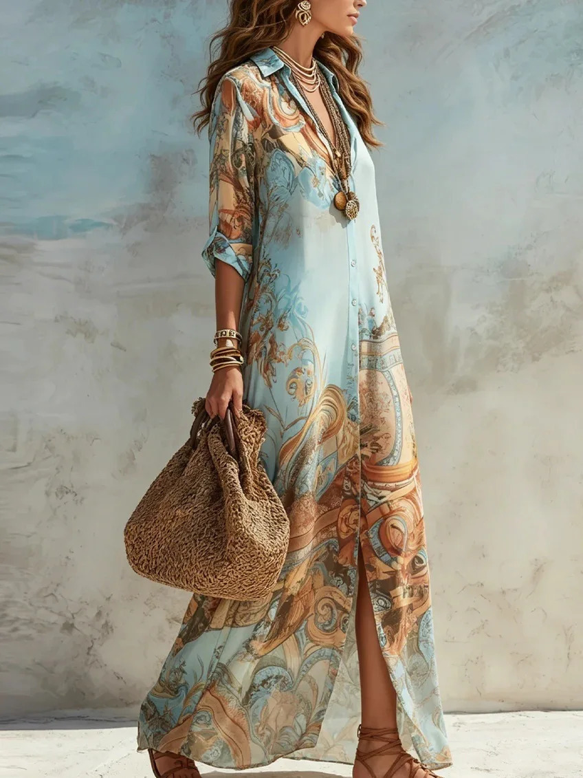 Elegant Shirt Dress for Women Chiffon Digital Print Turndown Collar Single-breasted Dresses Flowy Casual Boho Summer Clothing 260711BJ - view 4