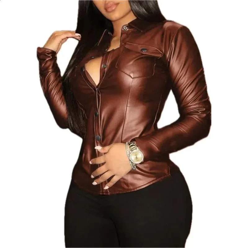 Plus Size Womens Slim Vneck Button Pocket PU Leather Shirt Temperament Singlebreasted Longsleeved POLO Collar 260711banjia - view 6