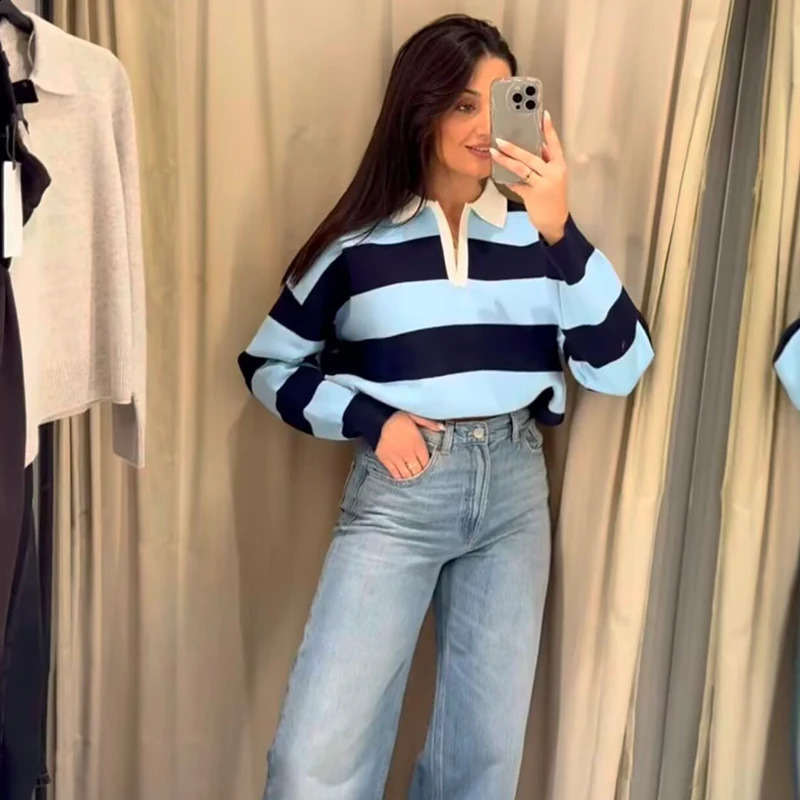 Womens 2026 Knitted Striped Sweater Polo neck Pullover Spring Fashion Loose Elegant Warm Young Women Street Blouses 260711banjia