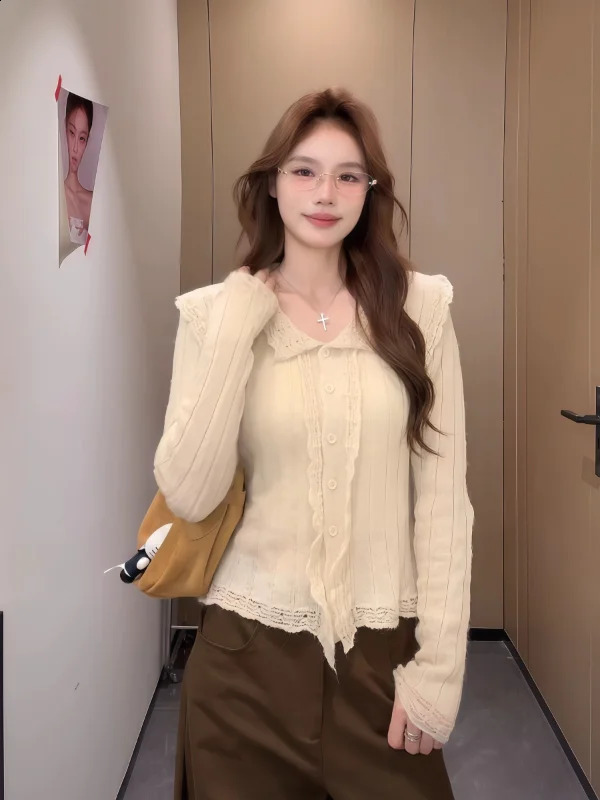 plus Size Knitwear Collar Lace Trim Simple Elegance for Women Korean Style Autumn Arrival Long Sleeve Sweater 260711banjia