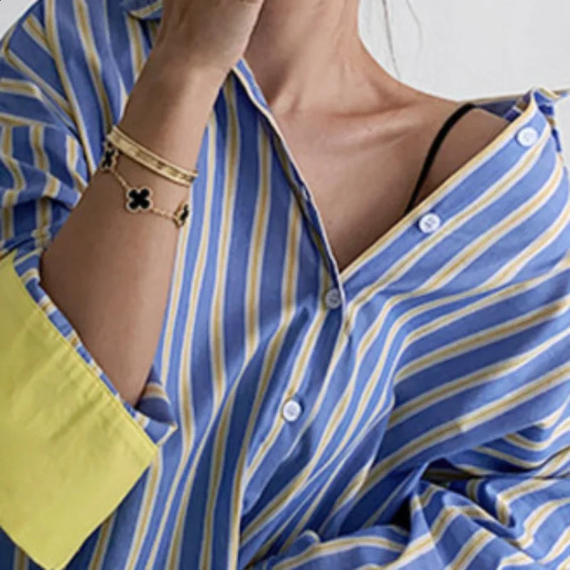 Spring Autumn Loose Womens Striped Shirt Color Block Base Layer Casual Top Fashionable Long Sleeve Cotton Polo Collar 260711banjia
