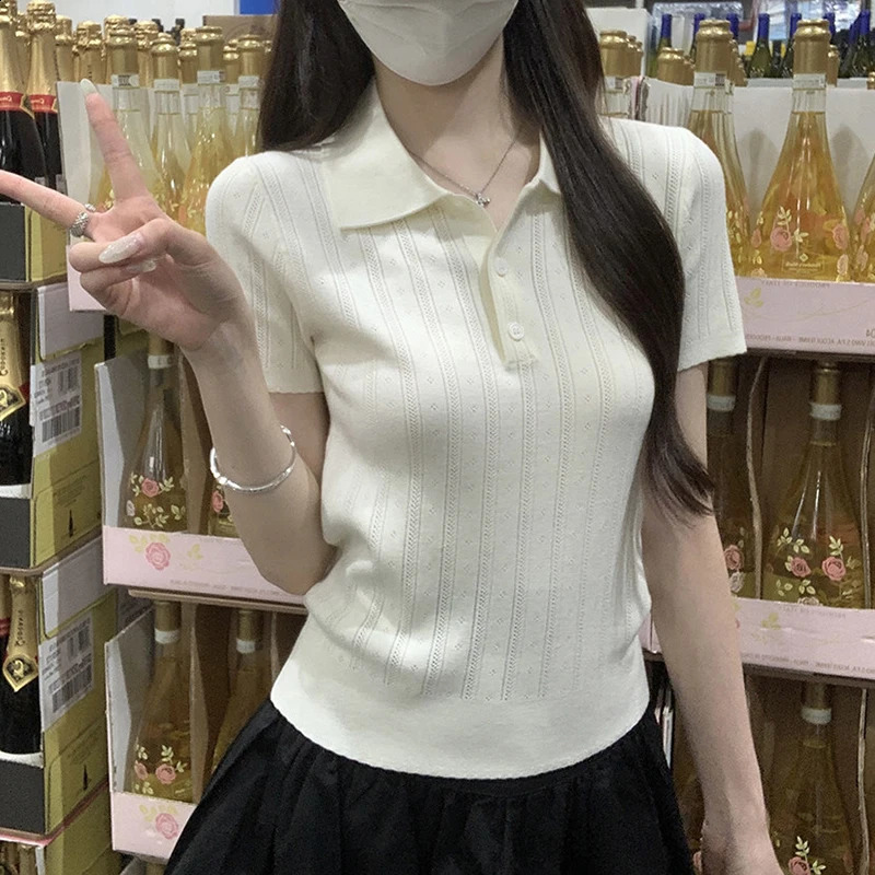 Solid Color Knitted Polo Shirts for Woman Summer Preppy Style Short Sleeve Tshirt Women Hollow Out Slim Fit Knit Tees Top 260711banjia - view 4