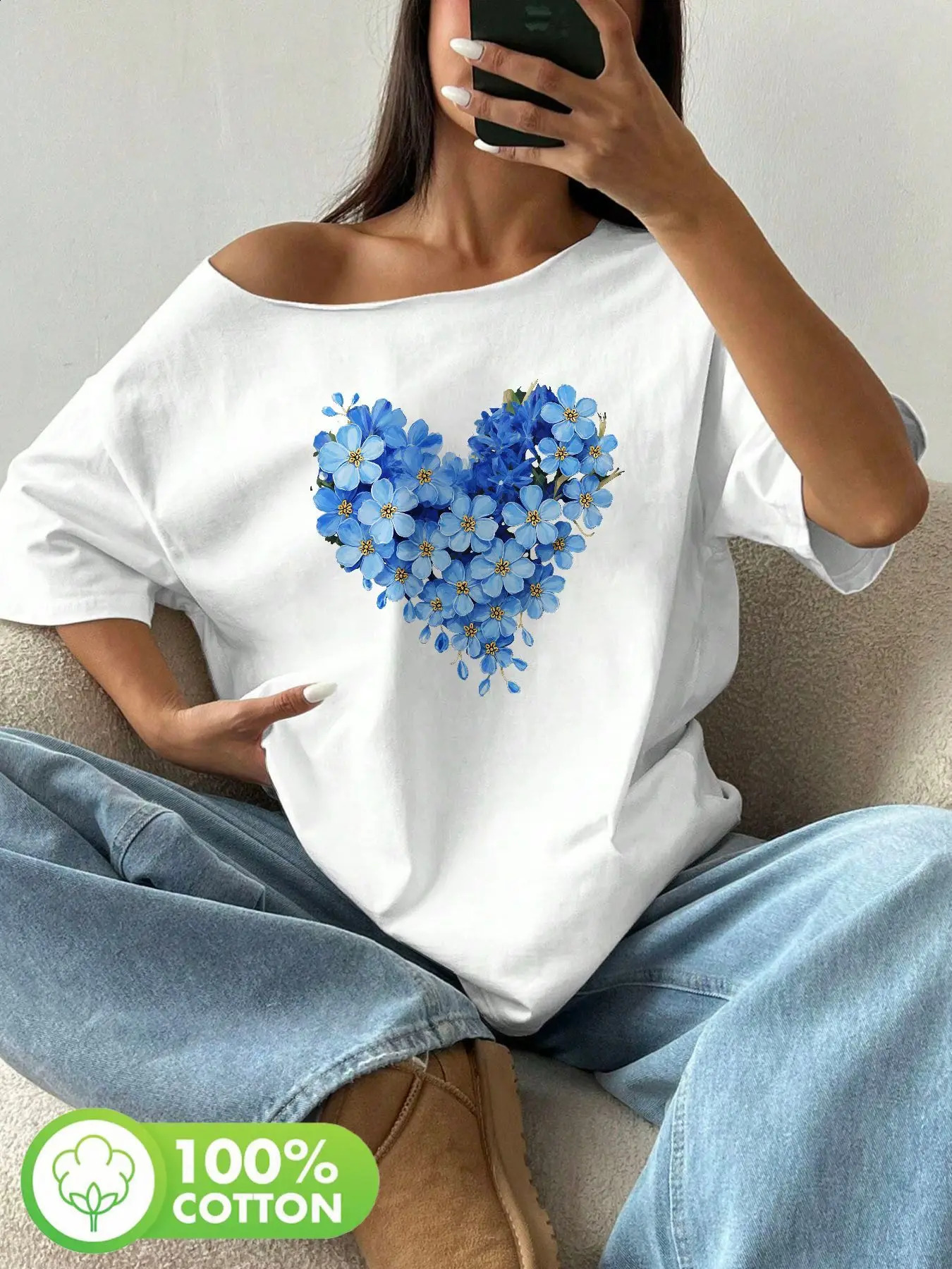 Plus Size 100 Cotton Shoulder Loose Print TShirt Oversized Y2K Style Graphic Tee Tops Summer Off The Top Bl 260711banjia