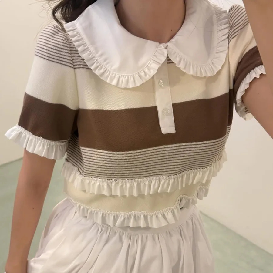 Sweet Stripe Short Sleeve TShirt Knitted Doll Collar Wooden Ear Splice Casual Style Polyester Fiber Business Scene 260711banjia