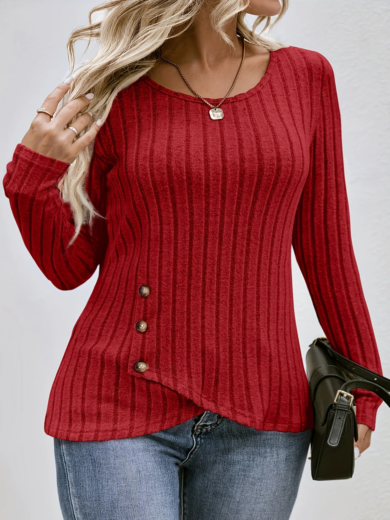 Plus Size Womens Long Sleeve Ribbed Knit Button Detail Top Elegant Casual Comfort Perfect for Any Occasion 260711banjia