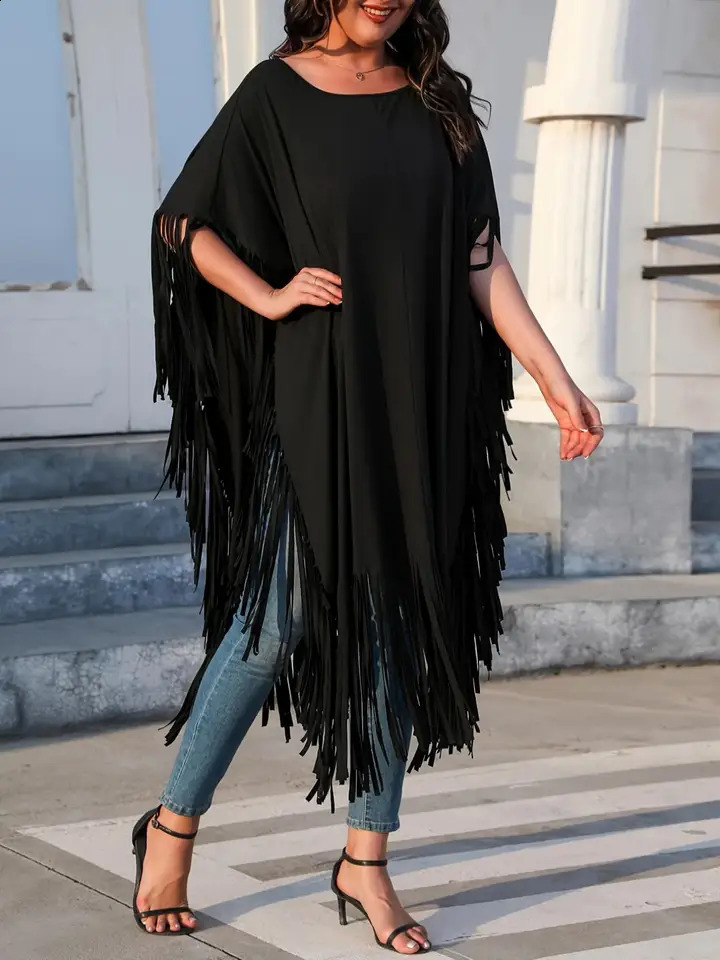 Plus Size Solid Tassel Batwing Sleeve Longline Tee Fashion Casual Round Neck Half Tshirt for Daily Outdoor Wear Women 260711banjia