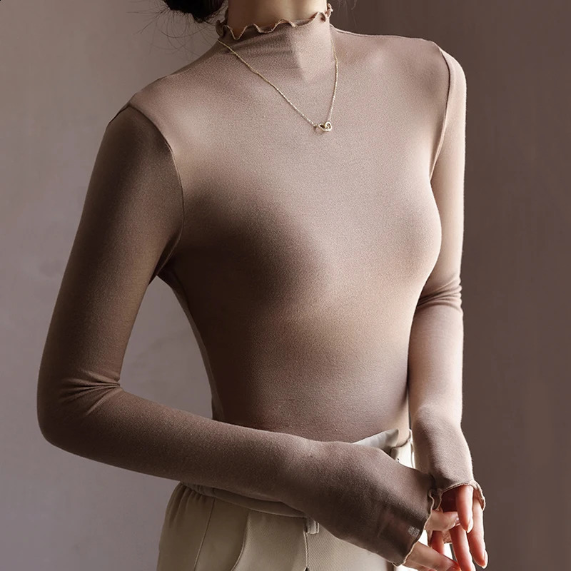Lettuce Edge Mock Neck Women TShirt Autumn Winter Slim Long Sleeve Bottoming Shirt Chic Ruffle Elastic Basic Layer Tee Top 2026 260711banjia