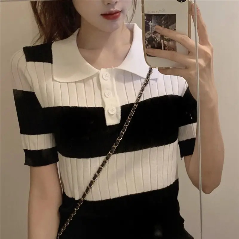 Fashion Color Contrast Striped Button Knitting Tshirt Women Short Interior Lapping Classic Polo Collar High Waist Allmatch Top 260711banjia