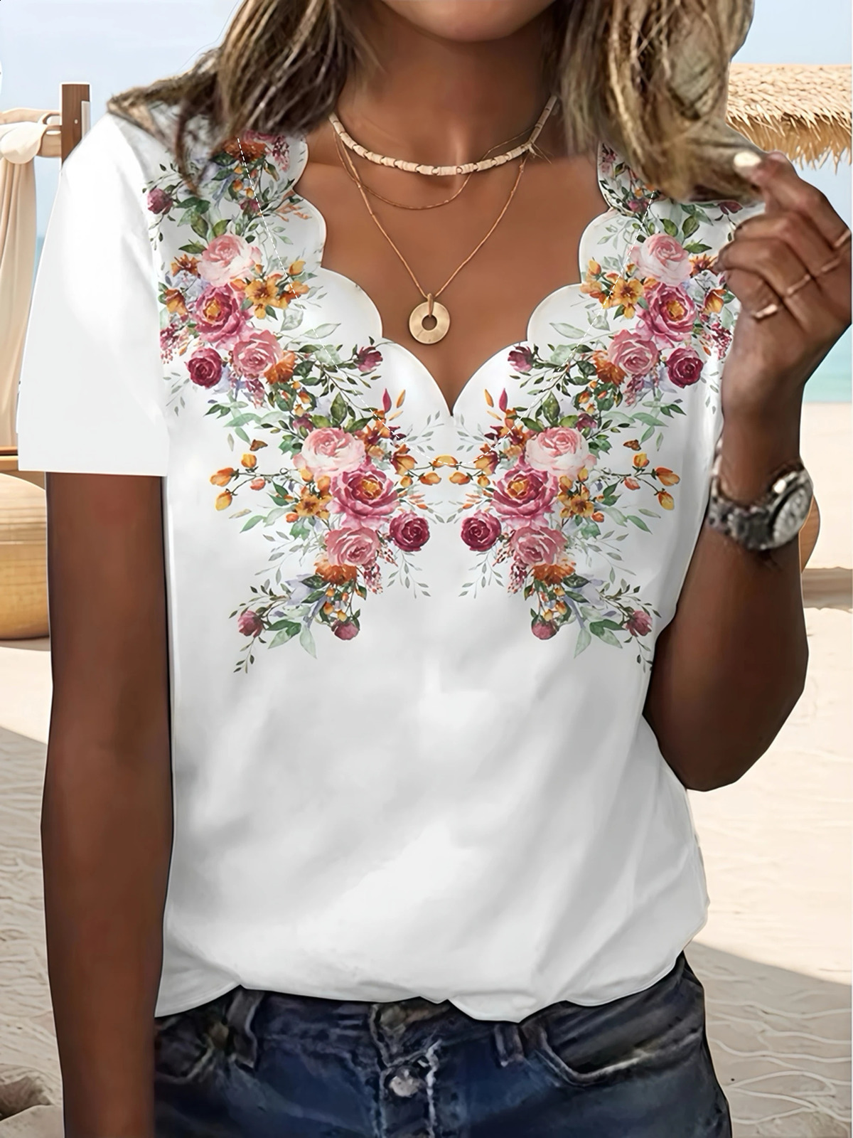 Fashion Plus Size Blouse Floral Wave VNeck TShirt for Women Summer Elegant Casual Tops 260711banjia