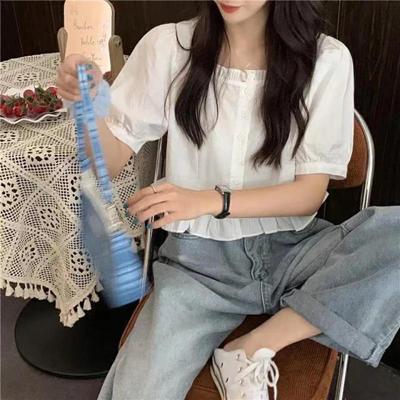 Korean Summer Ruffle Elegant Chiffon Cool Blouse Women Youthful Cute Cropped Tops Chic Short sleeve Feminine Shirt 260711banjia - view 6