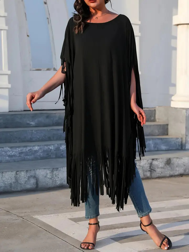 Plus Size Solid Tassel Batwing Sleeve Longline Tee Fashion Casual Round Neck Half Tshirt for Daily Outdoor Wear Women 260711banjia - view 5