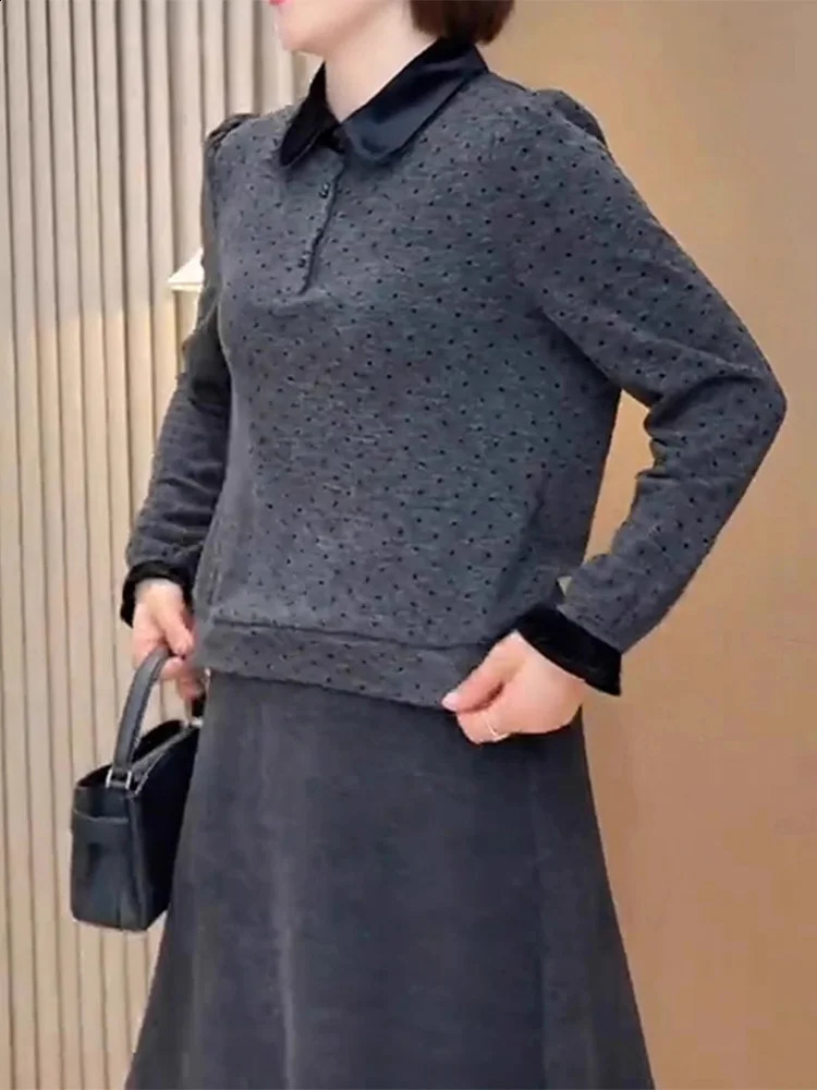 Deep Grey Collar Long Sleeve Knitted Sweater Polka Dot Trendy Large Size Top Fashionable French Style Loose Fit Knitwear 260711banjia