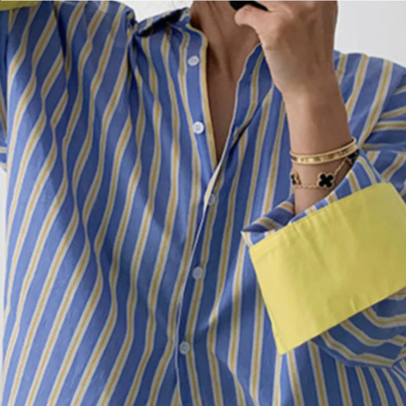 Spring Autumn Loose Womens Striped Shirt Color Block Base Layer Casual Top Fashionable Long Sleeve Cotton Polo Collar 260711banjia