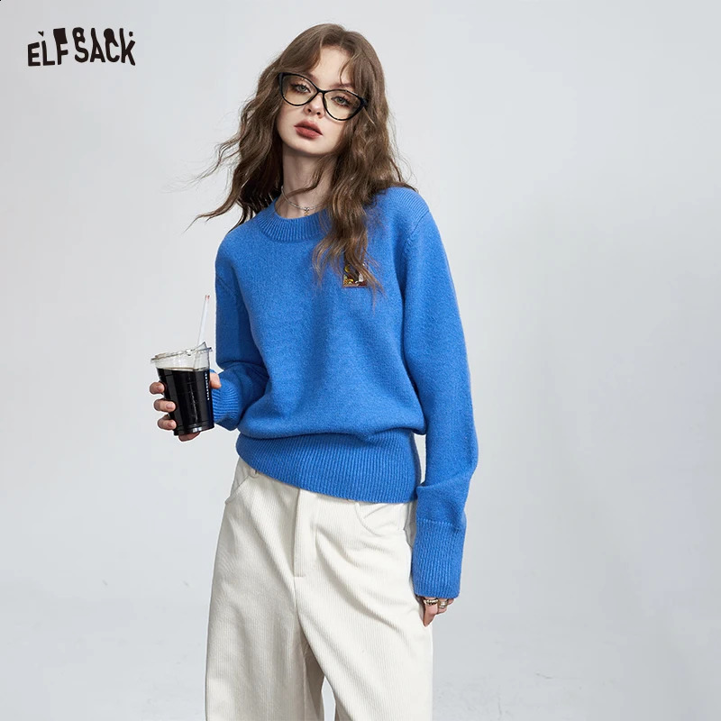 ELFSACK Retro Whimsical Cartoon Patch Round Neck Cropped Knit Sweater For Women 260711banjia