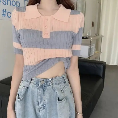 Fashion Color Contrast Striped Button Knitting Tshirt Women Short Interior Lapping Classic Polo Collar High Waist Allmatch Top 260711banjia