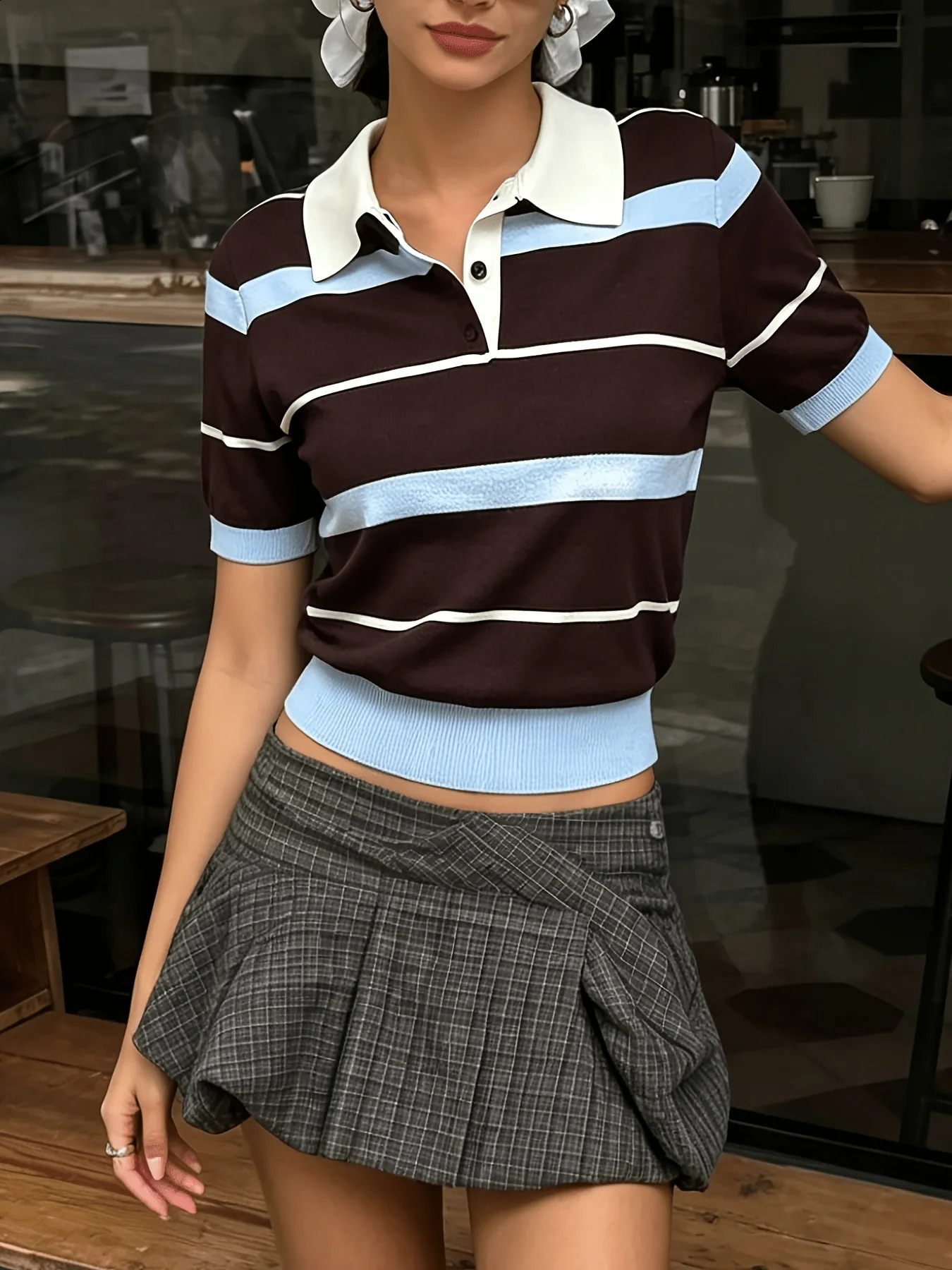 Retro Contrasting Striped Polo Collar Womens Knitted Pullover Short Sleeved Slim Fit Top Summer Style 260711banjia