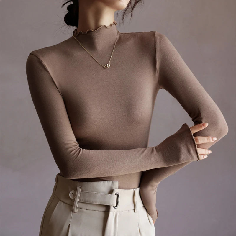 Lettuce Edge Mock Neck Women TShirt Autumn Winter Slim Long Sleeve Bottoming Shirt Chic Ruffle Elastic Basic Layer Tee Top 2026 260711banjia