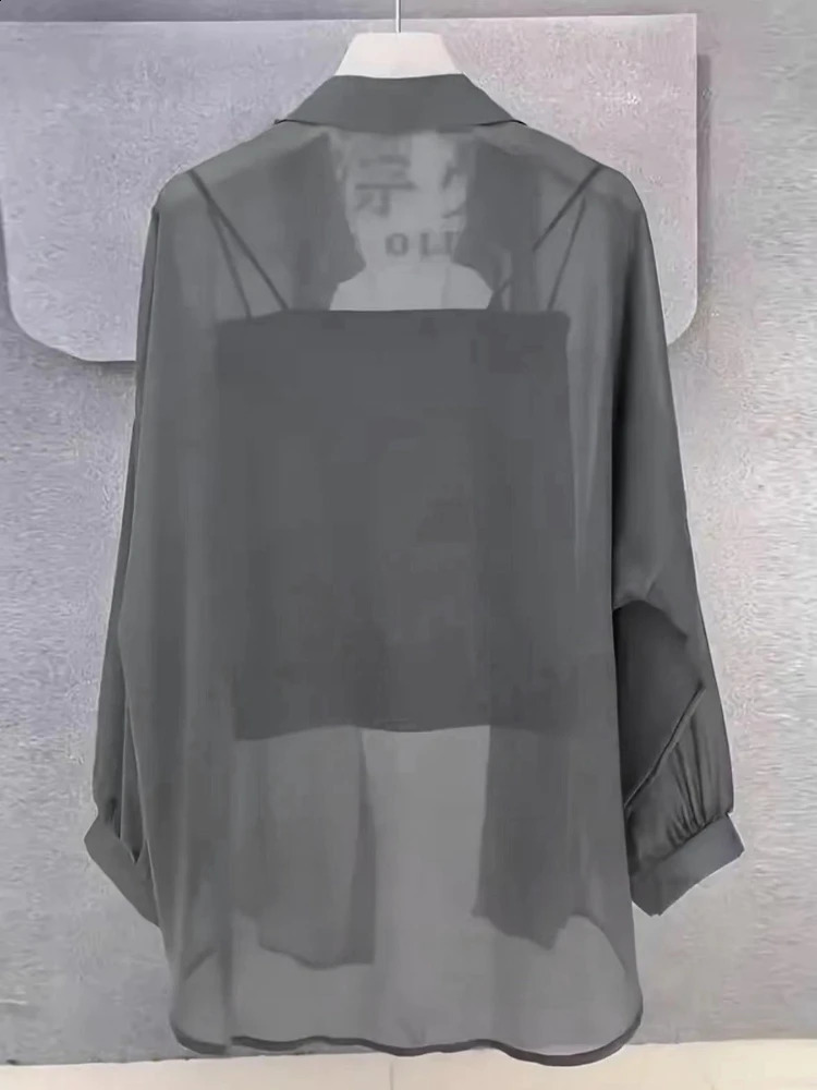 Plus Size Womens Tops 2025 Summer Breathable and SunProof Ice Silk Button Thin Loose Sheer Chiffon Blouses Shirts Long Sleeve 260711banjia