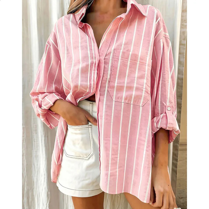Womens Loose PoloNeck Striped Shirt for Spring and Summer Stylis Casual Versatile Top 260711banjia