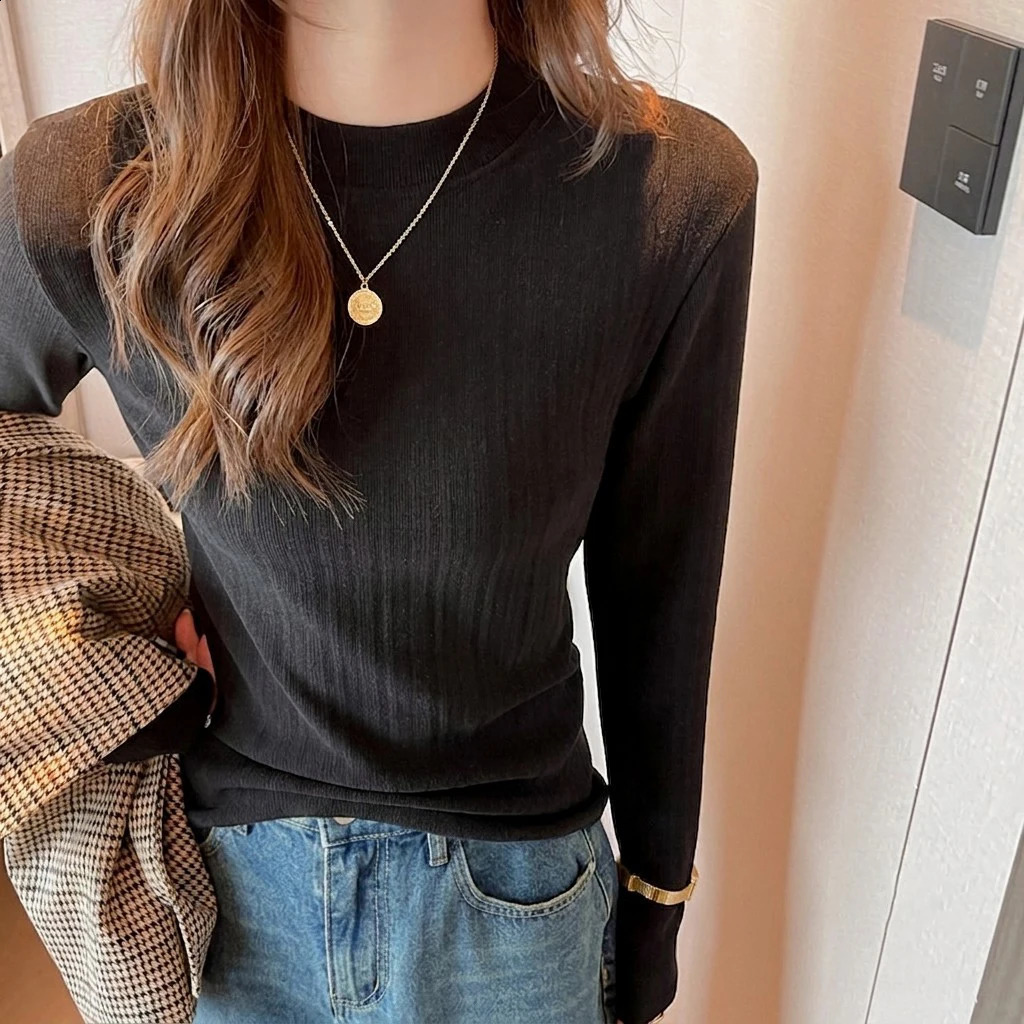 Elegant Mock Neck Ribbed Knit Top Women Autumn Winter Slim Long Sleeve TShirt Woman Korean Style Basic Solid Bottoming Shirt 260711banjia
