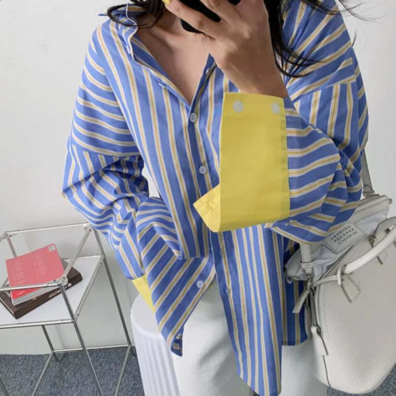 Spring Autumn Loose Womens Striped Shirt Color Block Base Layer Casual Top Fashionable Long Sleeve Cotton Polo Collar 260711banjia