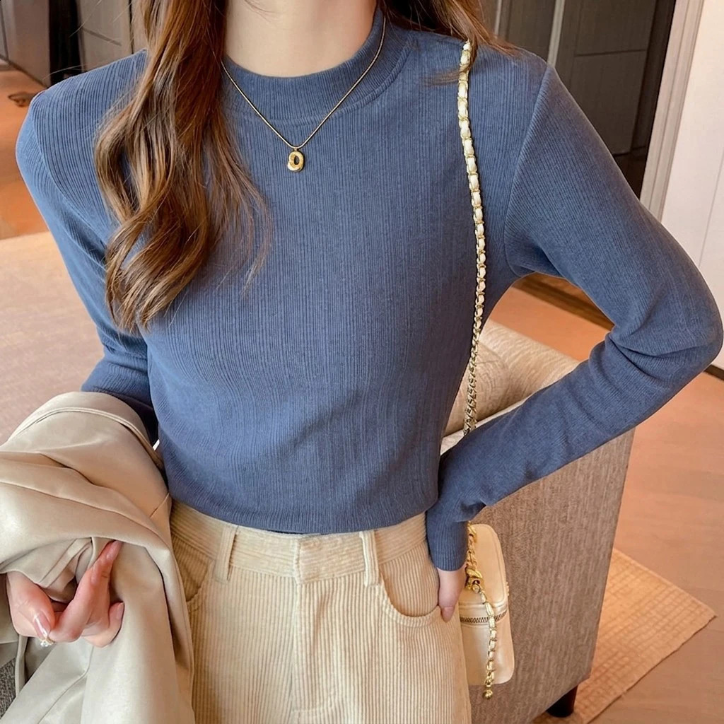 Elegant Mock Neck Ribbed Knit Top Women Autumn Winter Slim Long Sleeve TShirt Woman Korean Style Basic Solid Bottoming Shirt 260711banjia