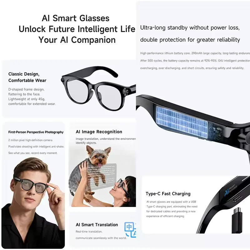 AI Smart Glasses, Smart Audio Wearable Device with Bluetooth Connectivity, 2MP Camera and Built-In Flashlight, Single-Lens Design - 290mAh Battery, Ty - view 3