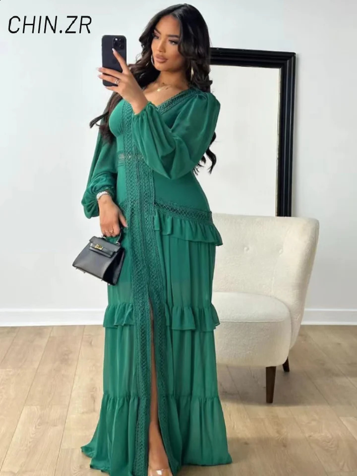 Vintage Embroidery Hollow Out Long Dress Women Ruffles V-neck Lantern Sleeve Slit Party Dresses Summer Lady A-line Robes 260711 - view 3