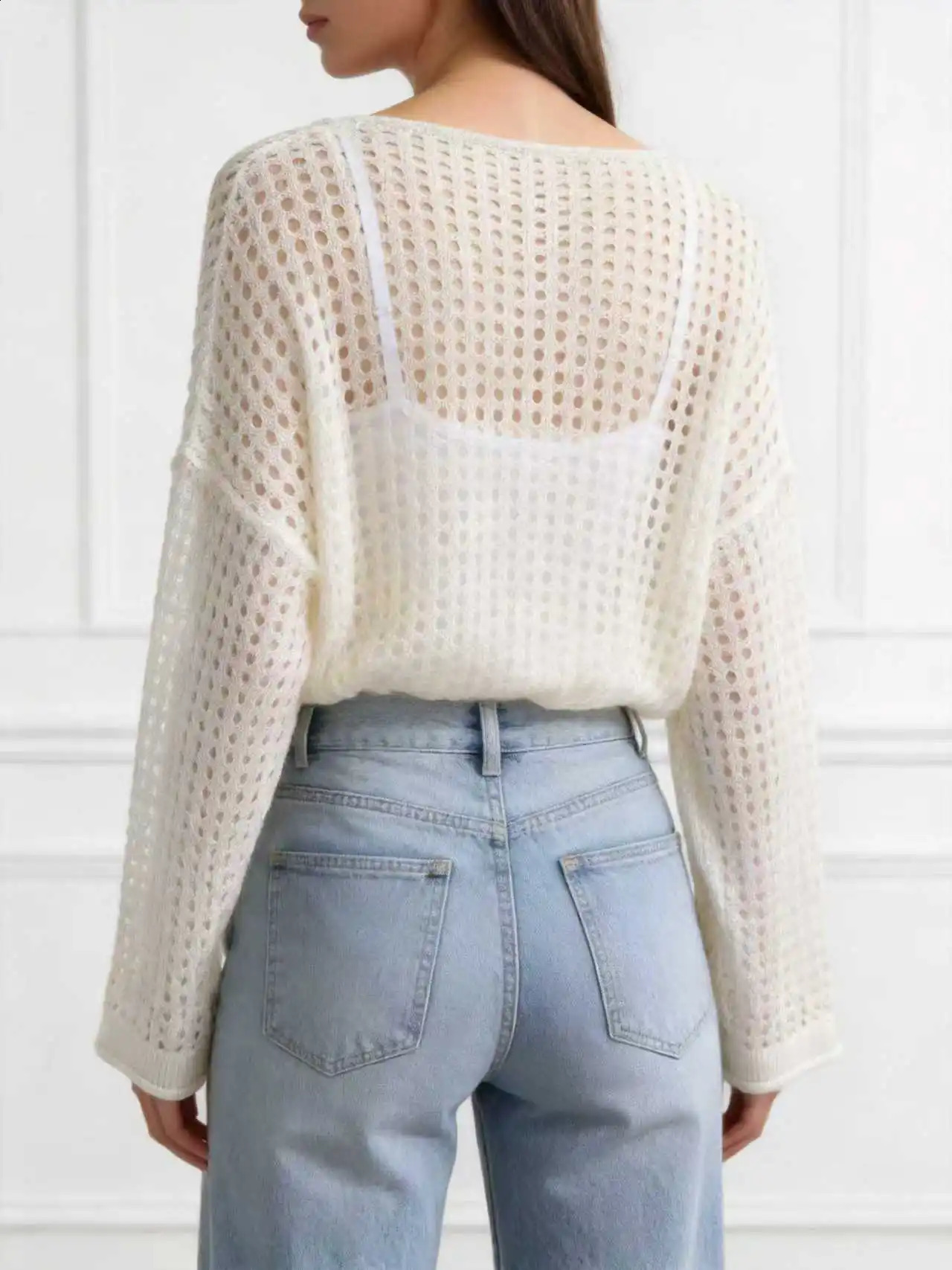 Plus Size Womens Elegant Boat Neck Hollow Out Knit Long Sleeve Pullover Perfect for Summer Outings 260711banjia - view 6