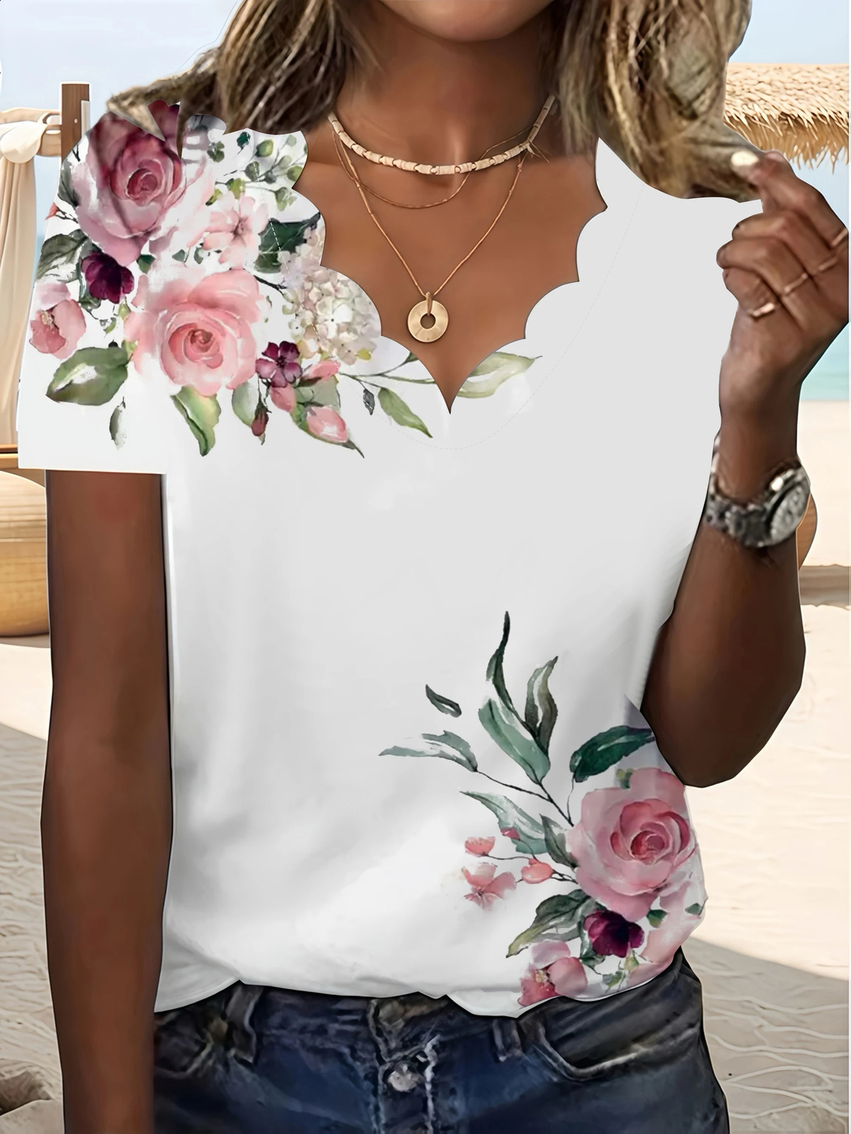 Fashion Plus Size Blouse Floral Wave VNeck TShirt for Women Summer Elegant Casual Tops 260711banjia - view 5
