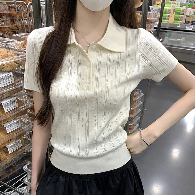 Solid Color Knitted Polo Shirts for Woman Summer Preppy Style Short Sleeve Tshirt Women Hollow Out Slim Fit Knit Tees Top 260711banjia - view 3