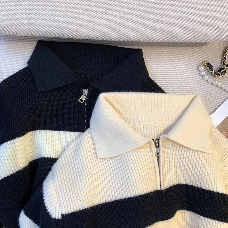 Smvp Womens Turndown Collar Striped Sweater Vintage Loose Long Sleeve Knitwear Female Autumn Winter Warm Knitted Jumper Top 260711banjia - view 5