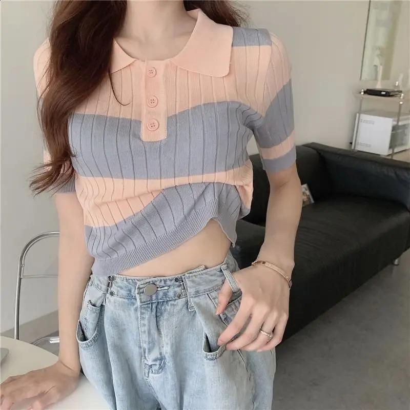 Fashion Color Contrast Striped Button Knitting Tshirt Women Short Interior Lapping Classic Polo Collar High Waist Allmatch Top 260711banjia