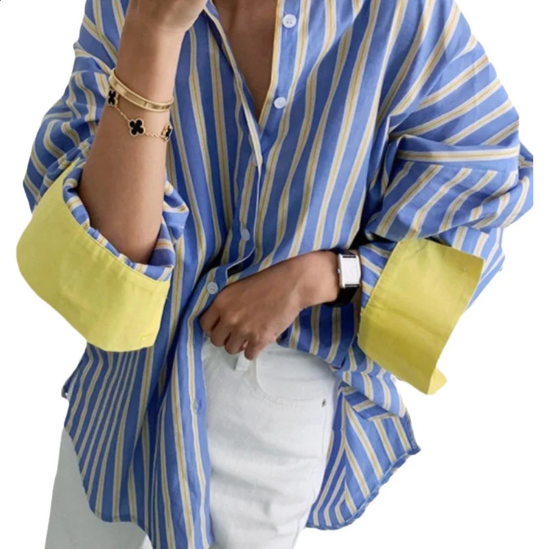Spring Autumn Loose Womens Striped Shirt Color Block Base Layer Casual Top Fashionable Long Sleeve Cotton Polo Collar 260711banjia